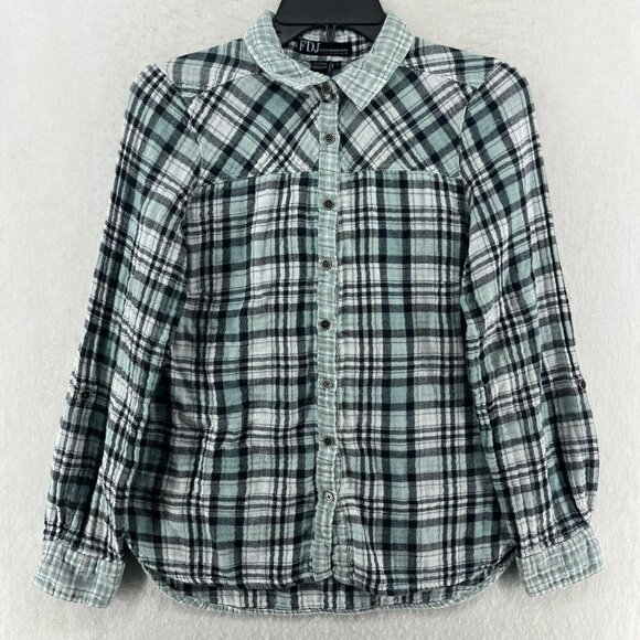 FDJ French Dressing Jeans Shirt Womens 8 Teal Blue Plaid Collared Long Sleeve - Picture 1 of 11